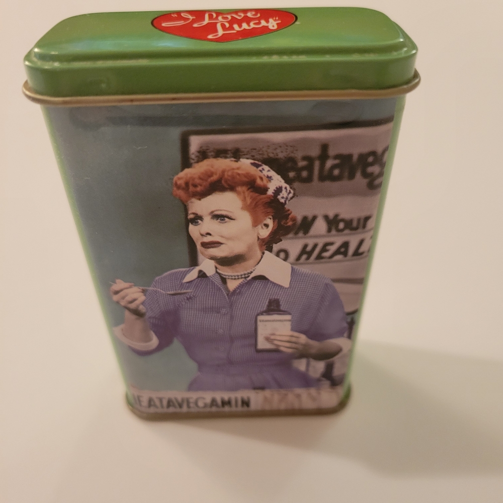 Vintage I Love Lucy Green/Blue Tin /w unused Notepad, "Vitameatavegamin" Image